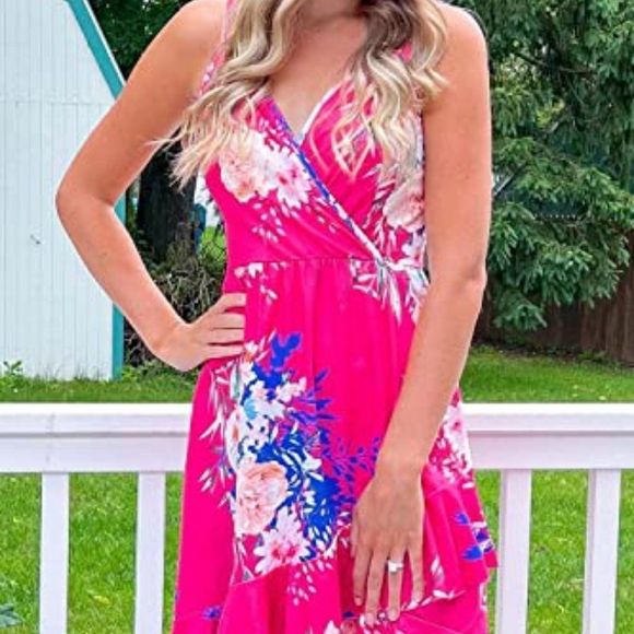 Womens Summer Floral Wrap V Neck Adjustable Spaghetti Casual Ruffle Dress - Picture 3 of 5